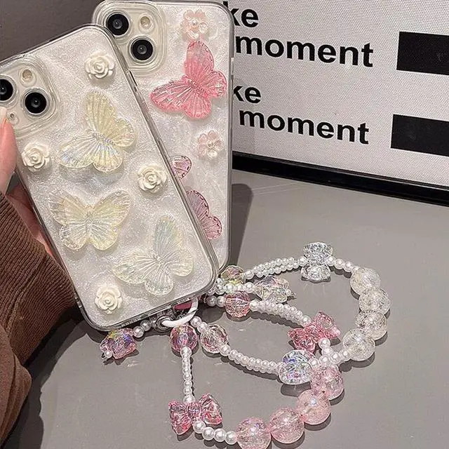 Alt view image 6 of 7 - for iPhone 17 Glitter Butterfly Case Cute Girly 3D Flowers Floral Crystal Pearl Bling Sparkle with Wrist Strap Chain Soft TPU Silicone Aesthetic Women Girls Phone Case for iPhone 17 6.3 Pink