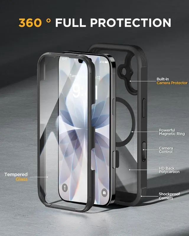 Alt view image 2 of 7 - for iPhone 17 Case 6.3 Full-Body Military Grade Drop Protection Outdoor Phone case with Built-in Glass Screen &Camera Control Easy Installation No Gap Compatible with MagSafe Black