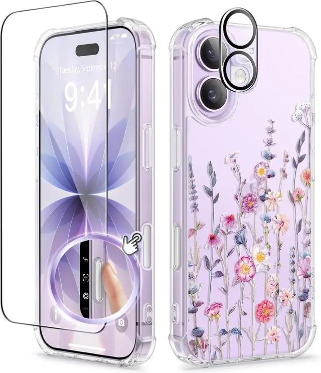 Main image of for iPhone 17 Case with Screen Protector+Camera Lens Protector [NonYellowing] Clear Floral Slim Shockproof Protective Hard PC Back Women Phone Case for iPhone 17 6.3 Floratopia/Colorful