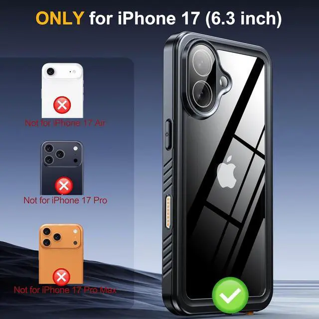 Alt view image 2 of 7 - for iPhone 17 Case IP68 Waterproof Shockproof Case [Built-in Screen Protector] - 12 FT Military Dropproof - Full Body Heavy Duty Rugged Phone Cover 6.3 inches - Black/Clear