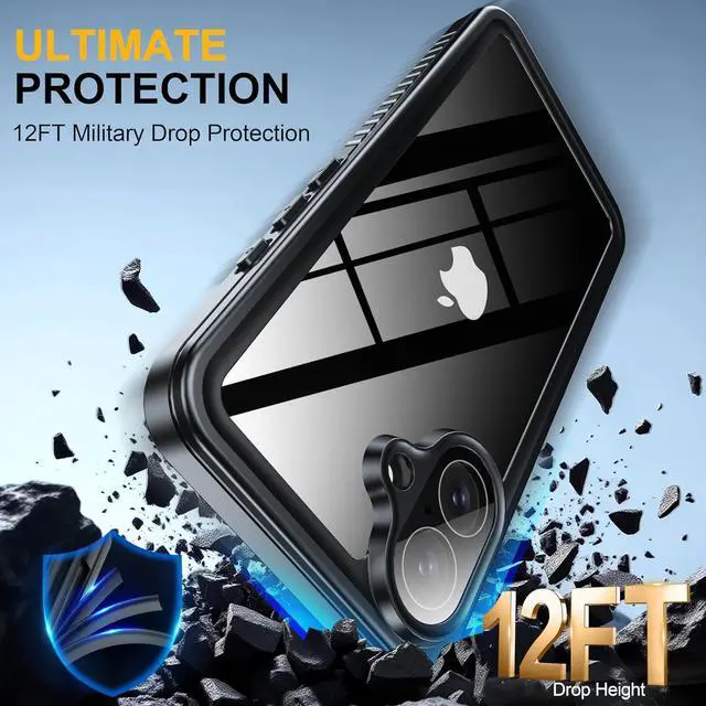 Alt view image 4 of 7 - for iPhone 17 Case IP68 Waterproof Shockproof Case [Built-in Screen Protector] - 12 FT Military Dropproof - Full Body Heavy Duty Rugged Phone Cover 6.3 inches - Black/Clear