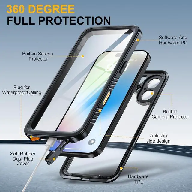 Alt view image 7 of 7 - for iPhone 17 Case IP68 Waterproof Shockproof Case [Built-in Screen Protector] - 12 FT Military Dropproof - Full Body Heavy Duty Rugged Phone Cover 6.3 inches - Black/Clear