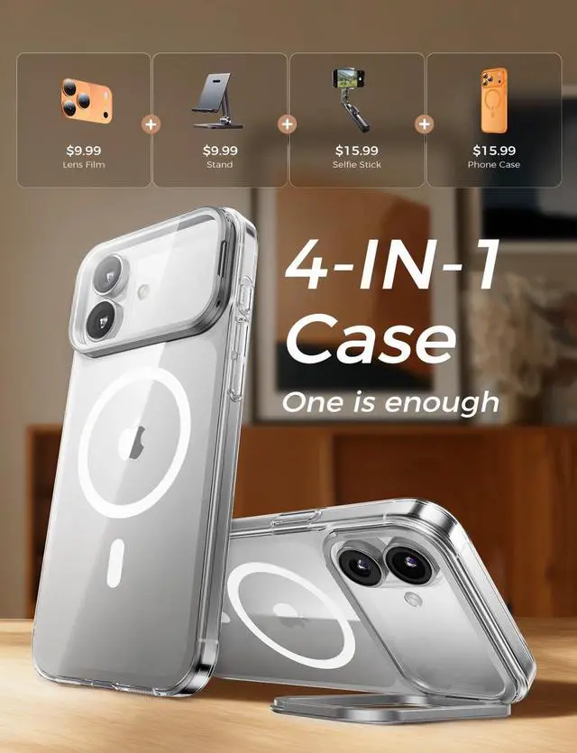 Alt view image 2 of 7 - for iPhone 17 Magnetic Case with Foldable Stand Full Camera Protection Handheld Selfie Never Yellowing Camera Control Button Speaker dust-Proof Drop Protection Clear