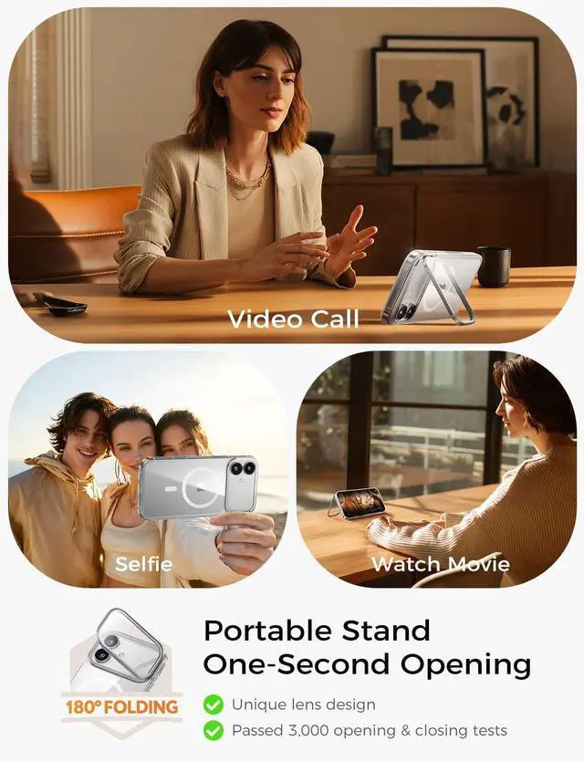 Alt view image 5 of 7 - for iPhone 17 Magnetic Case with Foldable Stand Full Camera Protection Handheld Selfie Never Yellowing Camera Control Button Speaker dust-Proof Drop Protection Clear