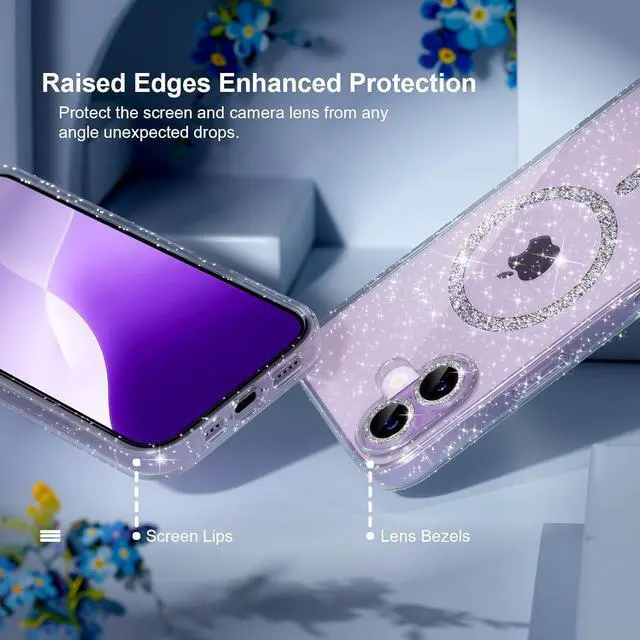 Alt view image 3 of 5 - Magnetic for iPhone 17 Case Women Phone Case Compatible with Mag-Safe Cute Bling Sparkly Military Grade Drop Protection with Diamond Camera Lens Covers 6.3-inch Glitter Clear