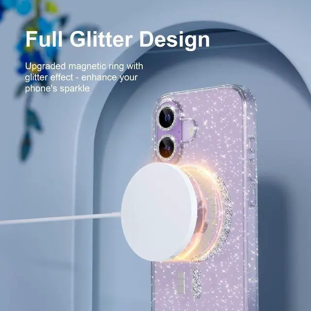 Alt view image 5 of 5 - Magnetic for iPhone 17 Case Women Phone Case Compatible with Mag-Safe Cute Bling Sparkly Military Grade Drop Protection with Diamond Camera Lens Covers 6.3-inch Glitter Clear