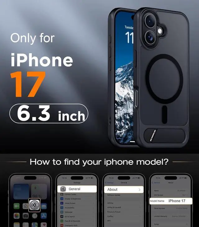 Alt view image 2 of 7 - Designed for iPhone 17 Case [Built-in Invisible Kickstand][Compatible with MagSafe][Military Grade Shockproof] Slim Translucent Matte Phone Case for iPhone 17 6.3 inch (Black)