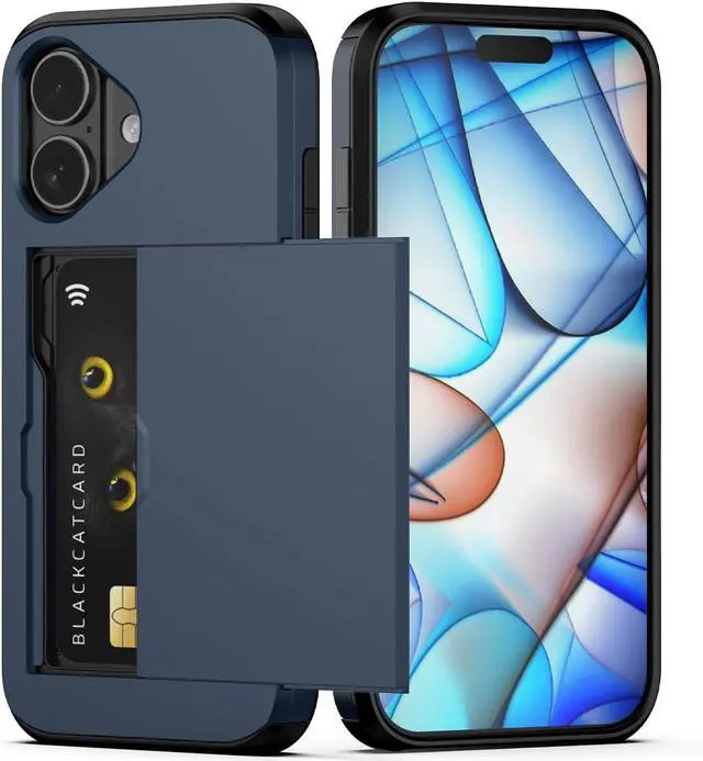 Main image of Compatible with iPhone 17 Case with Card Holder Dual Layer Heavy Duty Protective Shockproof Hidden Card Slot Slim Wallet Phone Case for Women&Men 6.3 inch(Blue)