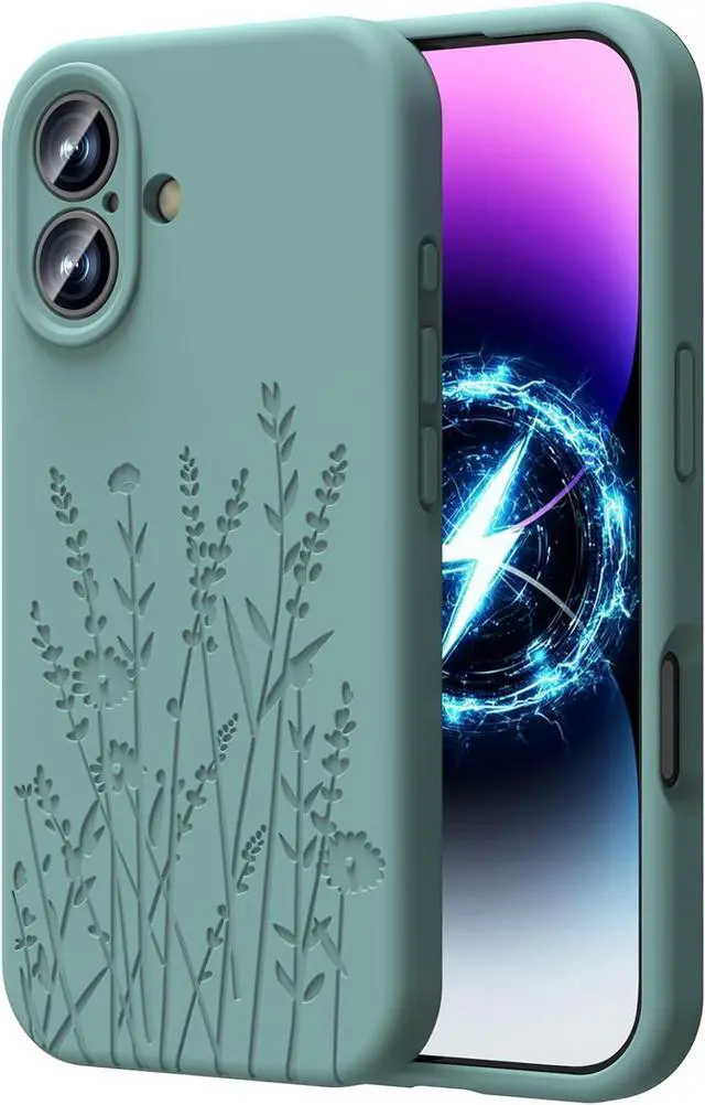 Main image of Magnetic Engraved Case Compatible with iPhone 17 Case Compatible with Magsafe Camera All-Round Protection Slim Liquid Silicone Phone Case for Women Girls Midnight Green Flower