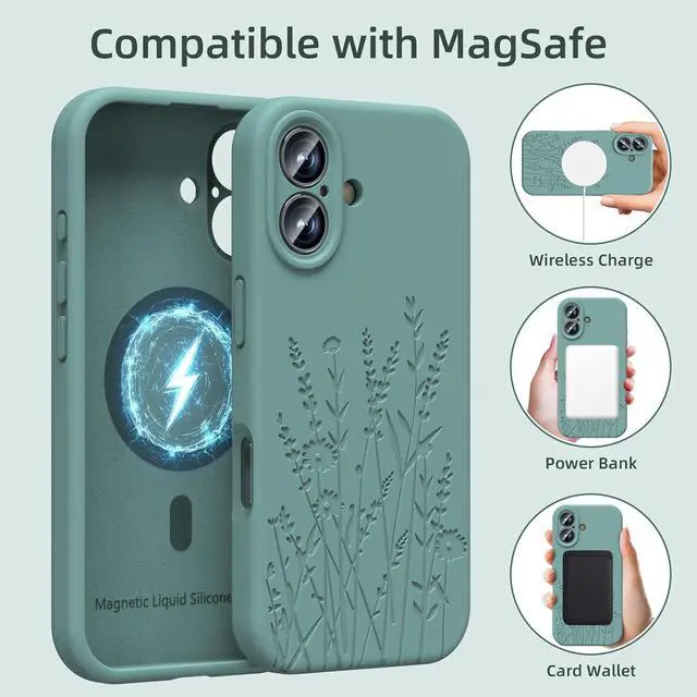 Alt view image 2 of 7 - Magnetic Engraved Case Compatible with iPhone 17 Case Compatible with Magsafe Camera All-Round Protection Slim Liquid Silicone Phone Case for Women Girls Midnight Green Flower