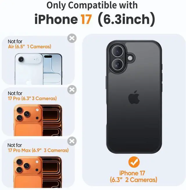 Alt view image 2 of 6 - 3 in 1 for iPhone 17 Case 1X Screen Protector +1X Camera Lens Shockproof for iPhone 17 Phone Case Military Grade Drop Protection Protective Hard Back Slim Translucent Cover Black