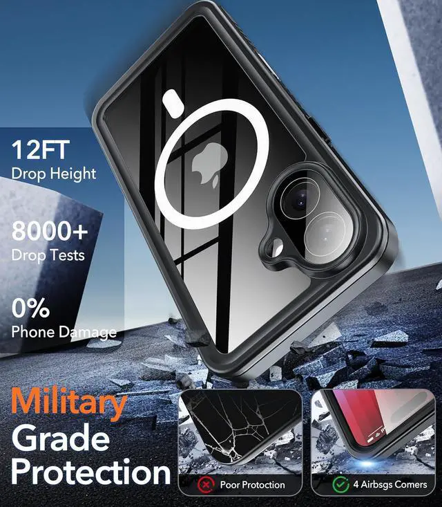 Alt view image 4 of 6 - Waterproof Case for iPhone 17 Case Compatible with MagSafe Full Body Rugged iPhone 17 Phone Case with Built-in HD Screen & Lens Protector [15FT Military] iPhone 17 6.3 2025 Case (Black)