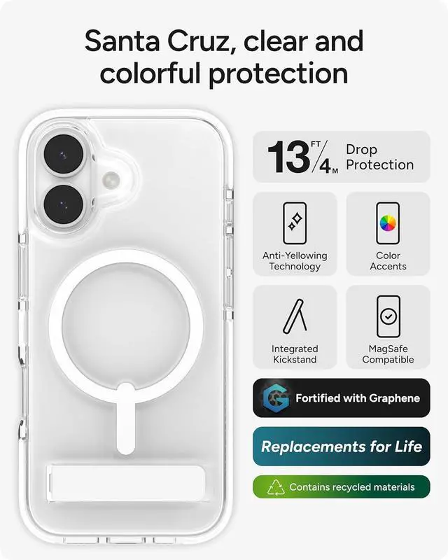 Alt view image 2 of 7 - Santa Cruz Snap Case with Kickstand for iPhone 17 - White Drop Protection (13ft/4m) MagSafe Charging Compatible ClearGuard Anti-Yellowing Technology Scratch Resistant Phone Case