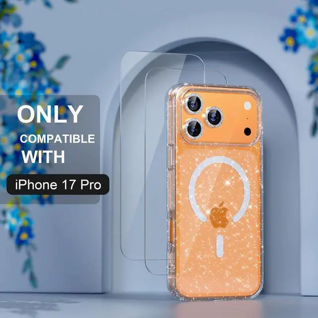 Alt view image 2 of 7 - Magnetic for iPhone 17 Pro Case Compatible with MagSafe Women Cute Glitter Sparkly Phone Case with Diamond Camera Lens Protectors Military-Grade Drop Protection 6.3 (Clear)