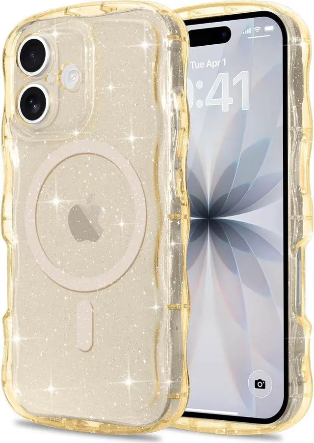 Main image of Magnetic for iPhone 17 Case Clear Sparkly Bling Glitter Cute Curly Wave Transparent Cover for Women Men Compatible with MagSafe TPU Shockproof Protective Phone Case for iPhone 17 Gold