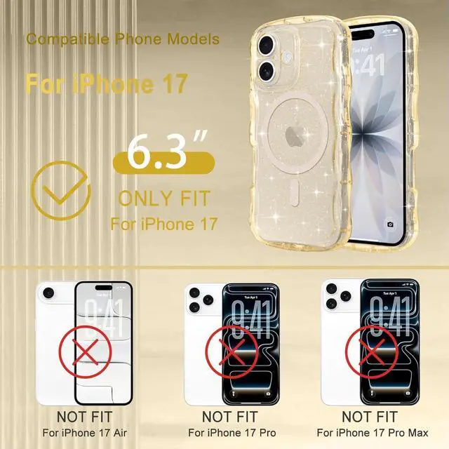 Alt view image 2 of 7 - Magnetic for iPhone 17 Case Clear Sparkly Bling Glitter Cute Curly Wave Transparent Cover for Women Men Compatible with MagSafe TPU Shockproof Protective Phone Case for iPhone 17 Gold