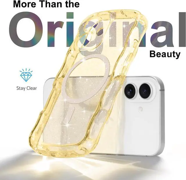 Alt view image 3 of 7 - Magnetic for iPhone 17 Case Clear Sparkly Bling Glitter Cute Curly Wave Transparent Cover for Women Men Compatible with MagSafe TPU Shockproof Protective Phone Case for iPhone 17 Gold