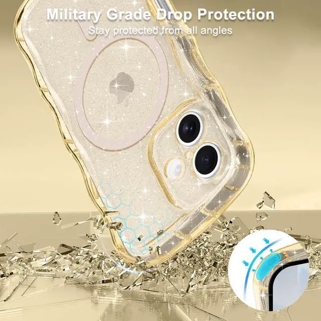 Alt view image 4 of 7 - Magnetic for iPhone 17 Case Clear Sparkly Bling Glitter Cute Curly Wave Transparent Cover for Women Men Compatible with MagSafe TPU Shockproof Protective Phone Case for iPhone 17 Gold