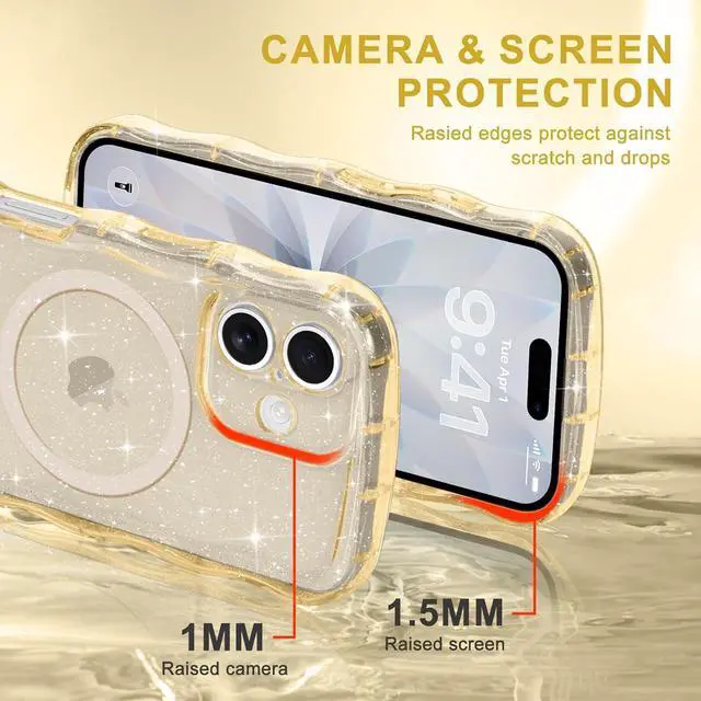Alt view image 5 of 7 - Magnetic for iPhone 17 Case Clear Sparkly Bling Glitter Cute Curly Wave Transparent Cover for Women Men Compatible with MagSafe TPU Shockproof Protective Phone Case for iPhone 17 Gold