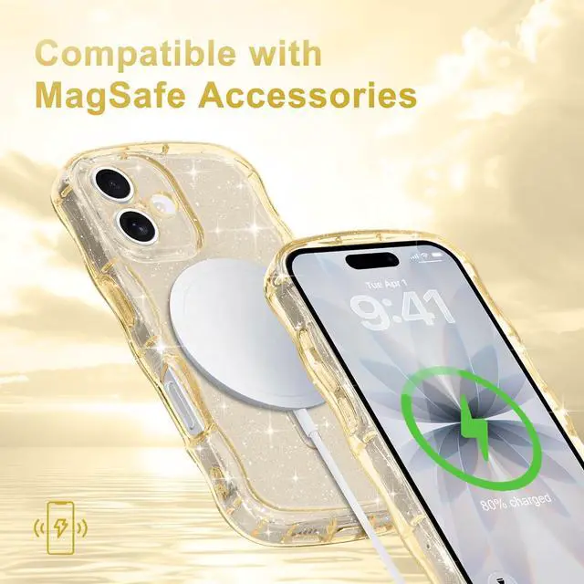 Alt view image 6 of 7 - Magnetic for iPhone 17 Case Clear Sparkly Bling Glitter Cute Curly Wave Transparent Cover for Women Men Compatible with MagSafe TPU Shockproof Protective Phone Case for iPhone 17 Gold