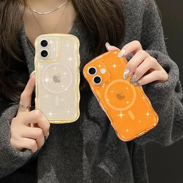 Alt view image 7 of 7 - Magnetic for iPhone 17 Case Clear Sparkly Bling Glitter Cute Curly Wave Transparent Cover for Women Men Compatible with MagSafe TPU Shockproof Protective Phone Case for iPhone 17 Gold