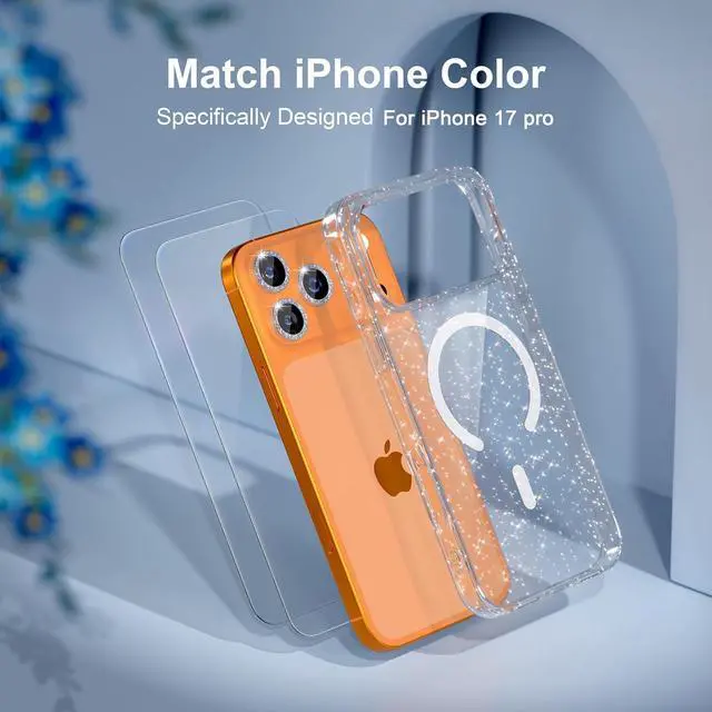 Alt view image 7 of 7 - Magnetic for iPhone 17 Pro Case Compatible with MagSafe Women Cute Glitter Sparkly Phone Case with Diamond Camera Lens Protectors Military-Grade Drop Protection 6.3 (Clear)