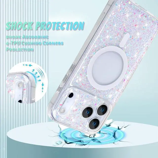 Alt view image 3 of 7 - for iPhone 17 Pro Max Case 2025 Sparkly Glitter Bling Back Magnetic Support for MagSafe Shockproof Crystal and Clear High-Duty Protection for Girls Women-Sparkly Glitter