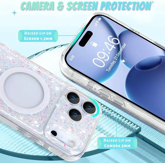 Alt view image 4 of 7 - for iPhone 17 Pro Max Case 2025 Sparkly Glitter Bling Back Magnetic Support for MagSafe Shockproof Crystal and Clear High-Duty Protection for Girls Women-Sparkly Glitter