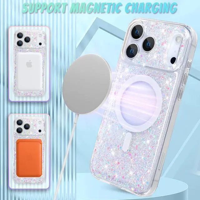 Alt view image 5 of 7 - for iPhone 17 Pro Max Case 2025 Sparkly Glitter Bling Back Magnetic Support for MagSafe Shockproof Crystal and Clear High-Duty Protection for Girls Women-Sparkly Glitter