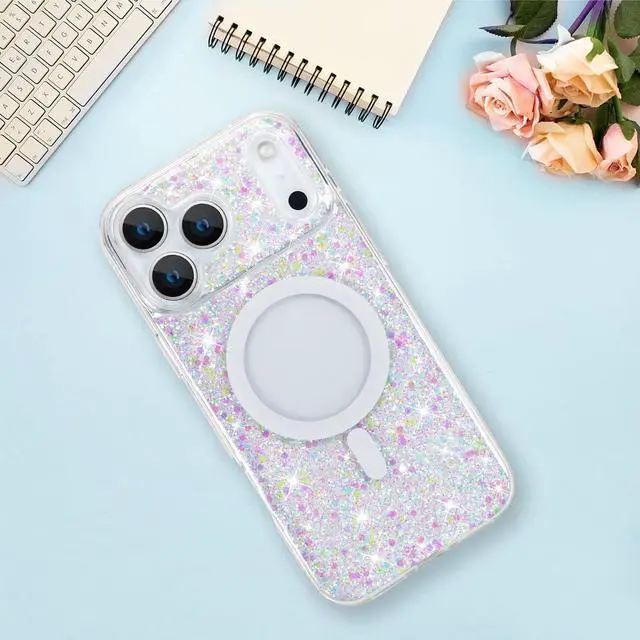Alt view image 6 of 7 - for iPhone 17 Pro Max Case 2025 Sparkly Glitter Bling Back Magnetic Support for MagSafe Shockproof Crystal and Clear High-Duty Protection for Girls Women-Sparkly Glitter