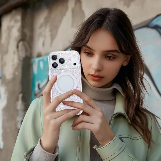 Alt view image 7 of 7 - for iPhone 17 Pro Max Case 2025 Sparkly Glitter Bling Back Magnetic Support for MagSafe Shockproof Crystal and Clear High-Duty Protection for Girls Women-Sparkly Glitter