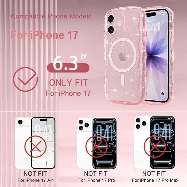 Alt view image 2 of 7 - Magnetic for iPhone 17 Case Clear Sparkly Bling Glitter Cute Curly Wave Transparent Cover for Women Men Compatible with MagSafe TPU Shockproof Protective Phone Case for iPhone 17 Pink