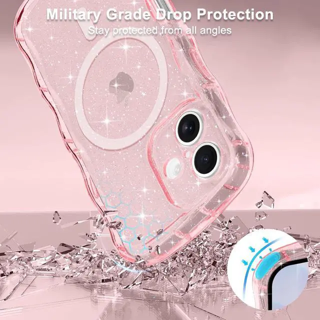 Alt view image 4 of 7 - Magnetic for iPhone 17 Case Clear Sparkly Bling Glitter Cute Curly Wave Transparent Cover for Women Men Compatible with MagSafe TPU Shockproof Protective Phone Case for iPhone 17 Pink