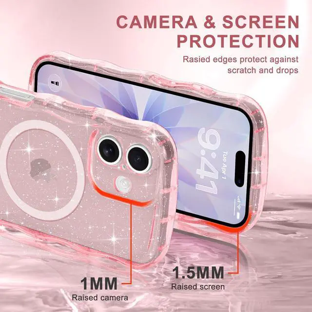 Alt view image 5 of 7 - Magnetic for iPhone 17 Case Clear Sparkly Bling Glitter Cute Curly Wave Transparent Cover for Women Men Compatible with MagSafe TPU Shockproof Protective Phone Case for iPhone 17 Pink