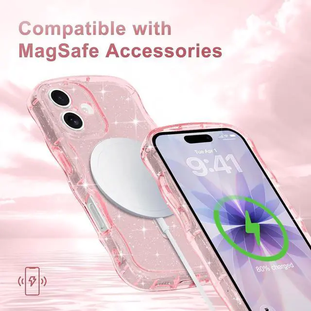 Alt view image 6 of 7 - Magnetic for iPhone 17 Case Clear Sparkly Bling Glitter Cute Curly Wave Transparent Cover for Women Men Compatible with MagSafe TPU Shockproof Protective Phone Case for iPhone 17 Pink