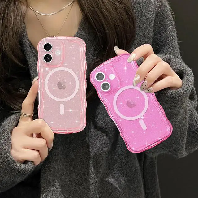 Alt view image 7 of 7 - Magnetic for iPhone 17 Case Clear Sparkly Bling Glitter Cute Curly Wave Transparent Cover for Women Men Compatible with MagSafe TPU Shockproof Protective Phone Case for iPhone 17 Pink