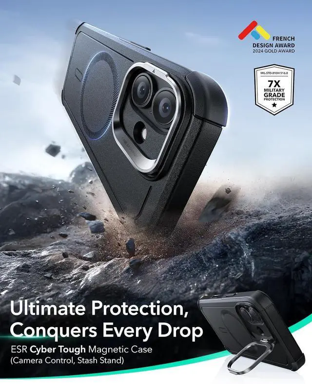 Alt view image 3 of 7 - for iPhone 17 Case with Stash Stand 7X Military-Grade Drop Protection with Camera Control Shock-Absorbing Phone Rugged Cover Compatible with MagSafe Accessories Cyber Series Black