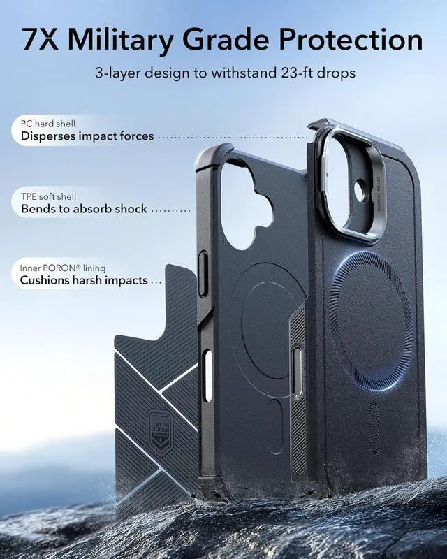 Alt view image 5 of 7 - for iPhone 17 Case with Stash Stand 7X Military-Grade Drop Protection with Camera Control Shock-Absorbing Phone Rugged Cover Compatible with MagSafe Accessories Cyber Series Black