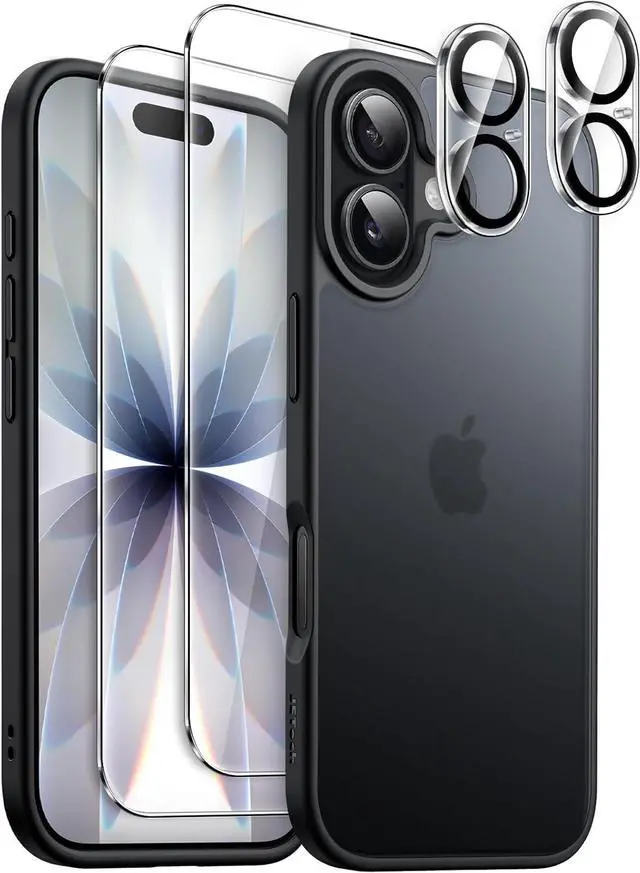 Main image of 5 in 1 Matte Case for iPhone 17 6.3-Inch with 2-Pack Each Tempered Glass Screen Protector and Camera Lens Protector Translucent Back Shockproof Phone Cover (Black)
