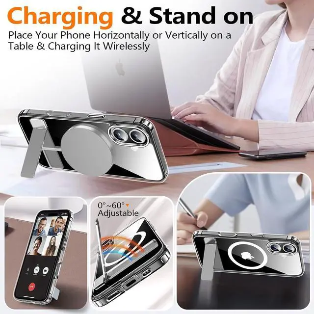 Alt view image 3 of 6 - for iPhone 17 Case with Kickstand [Compatible with Magsafe][1*Screen Protector] Military-Grade Protection & Anti-Yellowing Magnetic Phone Case for iPhone 17 Clear