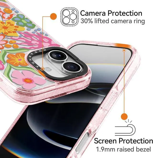 Alt view image 4 of 7 - for iPhone 17 Case Cute - Durable Shockproof 6.6 ft Drop Impact Phone Case - Funny Passion Flower Design (6.3) Glitter Pink