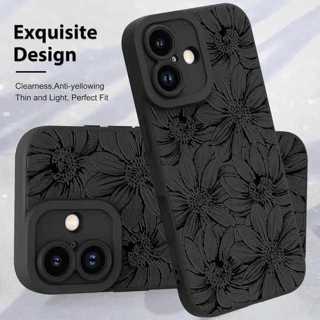 Alt view image 3 of 5 - for iPhone 17 Case 2025 Case Silicone Sunflowers Floral Flowers Cute Pattern Camera Protection Slim Soft Phone Cover for Girls Women -Black