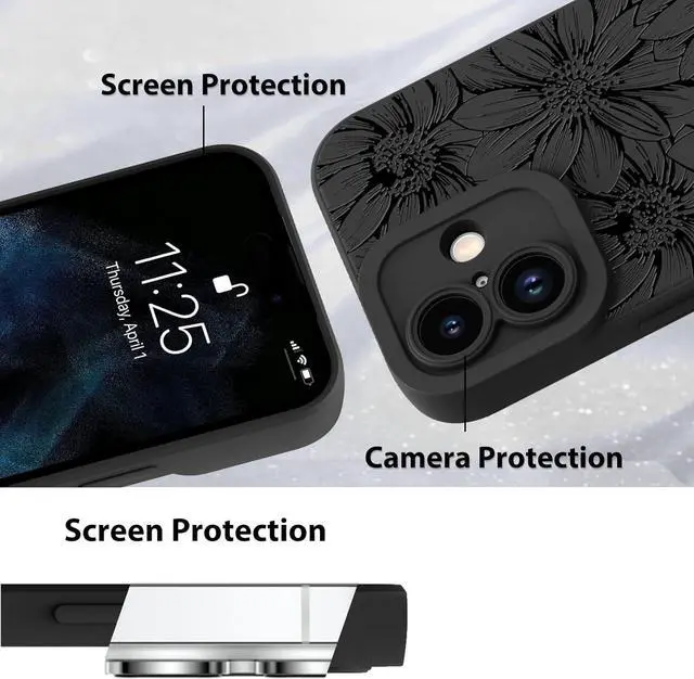 Alt view image 4 of 5 - for iPhone 17 Case 2025 Case Silicone Sunflowers Floral Flowers Cute Pattern Camera Protection Slim Soft Phone Cover for Girls Women -Black