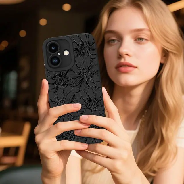 Alt view image 5 of 5 - for iPhone 17 Case 2025 Case Silicone Sunflowers Floral Flowers Cute Pattern Camera Protection Slim Soft Phone Cover for Girls Women -Black