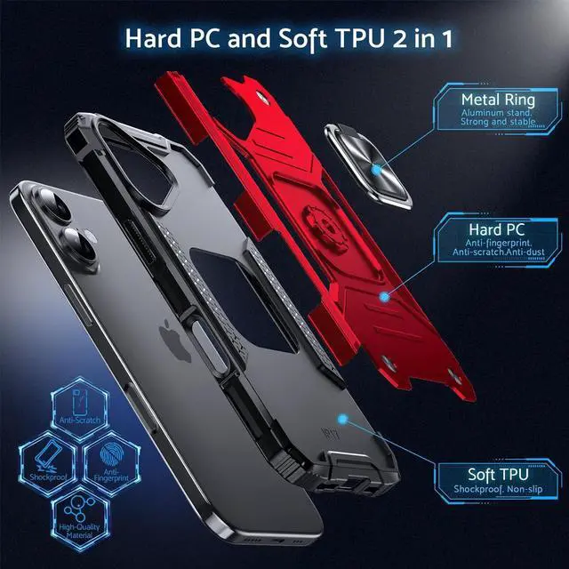 Alt view image 5 of 6 - Designed for iPhone 17 Case with Stand Enhanced 360° Rotatable Metal Ring Kickstand Military Grade Impact Resistant Shockproof Protective Phone Case Cover for iPhone 17 6.3 Red