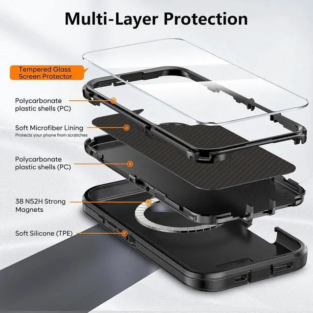 Alt view image 3 of 7 - Compatible with iPhone 17 Case with Screen Protector Shockproof Compatible with MagSafe 3-Layer Drop Protection Heavy Duty Magnetic Phone Case Cover 6.3 Black/Black