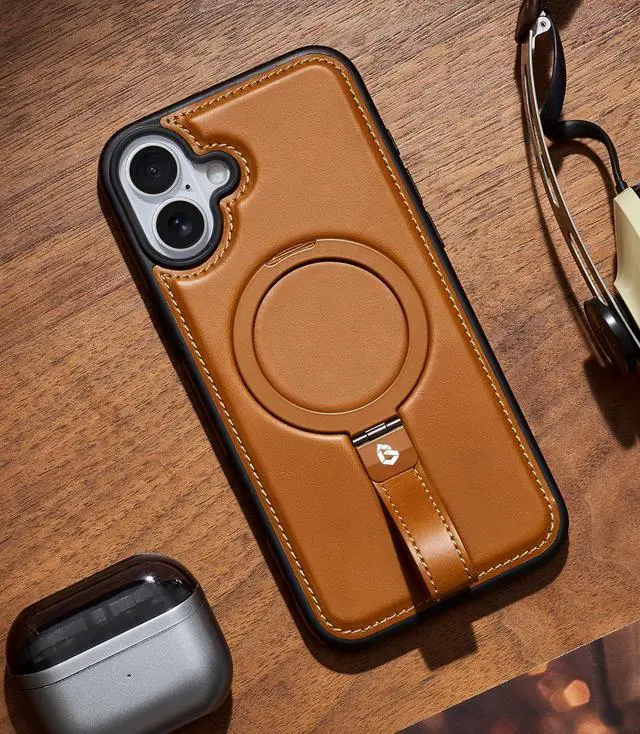 Alt view image 5 of 7 - for iPhone 17 Case Leather | iPhone 17 Leather Case with Stand | Compatible with MagSafe with Magnetic Ring Grip Holder (Brown IP17-6.3inch)