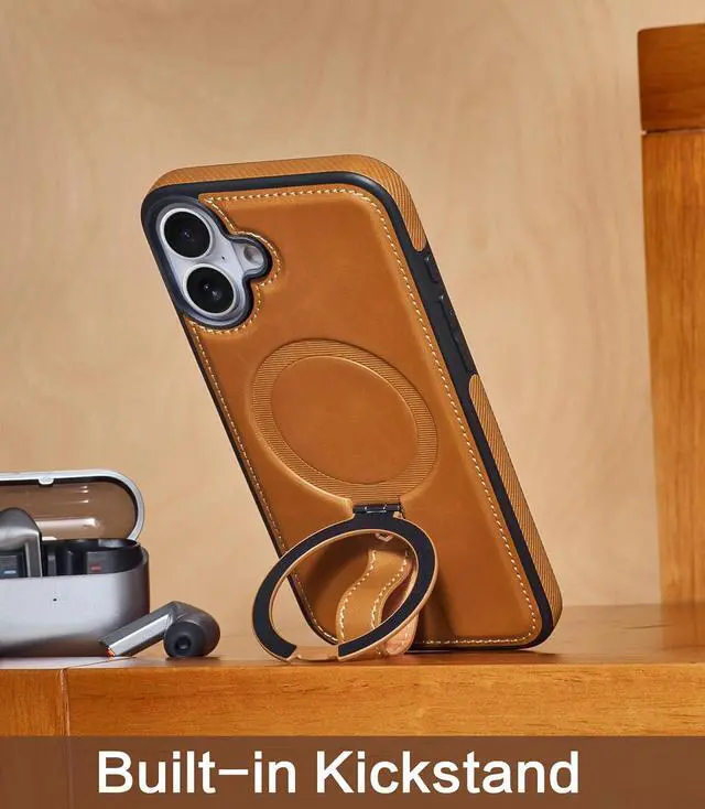 Alt view image 6 of 7 - for iPhone 17 Case Leather | iPhone 17 Leather Case with Stand | Compatible with MagSafe with Magnetic Ring Grip Holder (Brown IP17-6.3inch)