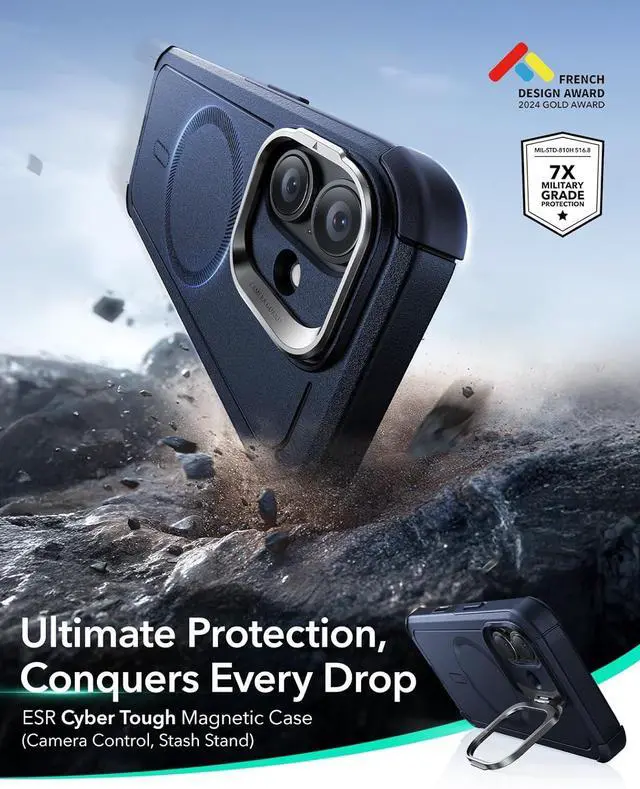 Alt view image 3 of 7 - for iPhone 17 Case with Stash Stand 7X Military-Grade Drop Protection with Camera Control Shock-Absorbing Phone Rugged Cover Compatible with MagSafe Accessories Cyber Series Blue