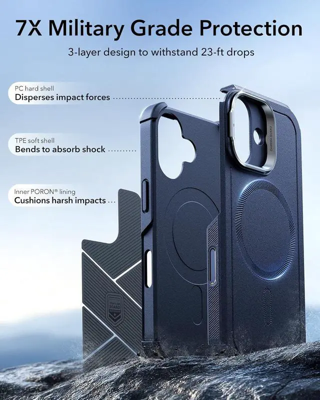Alt view image 5 of 7 - for iPhone 17 Case with Stash Stand 7X Military-Grade Drop Protection with Camera Control Shock-Absorbing Phone Rugged Cover Compatible with MagSafe Accessories Cyber Series Blue